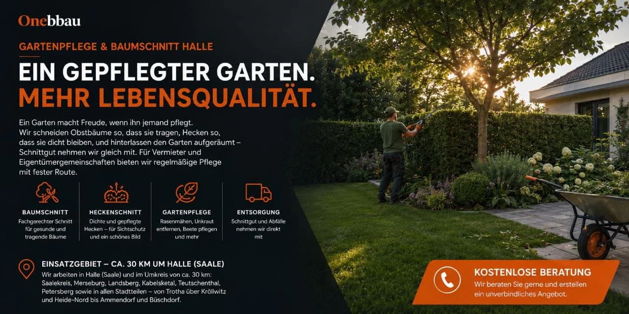 Gärtner beim fachgerechten Baumschnitt in einem gepflegten Garten in Halle