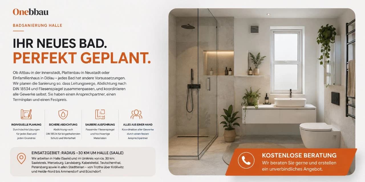 Modern saniertes Badezimmer mit bodengleicher Dusche und Onebbau-Leistungsübersicht