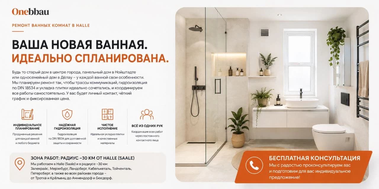 Современная ванная после ремонта с душем вровень с полом и описанием услуг Onebbau
