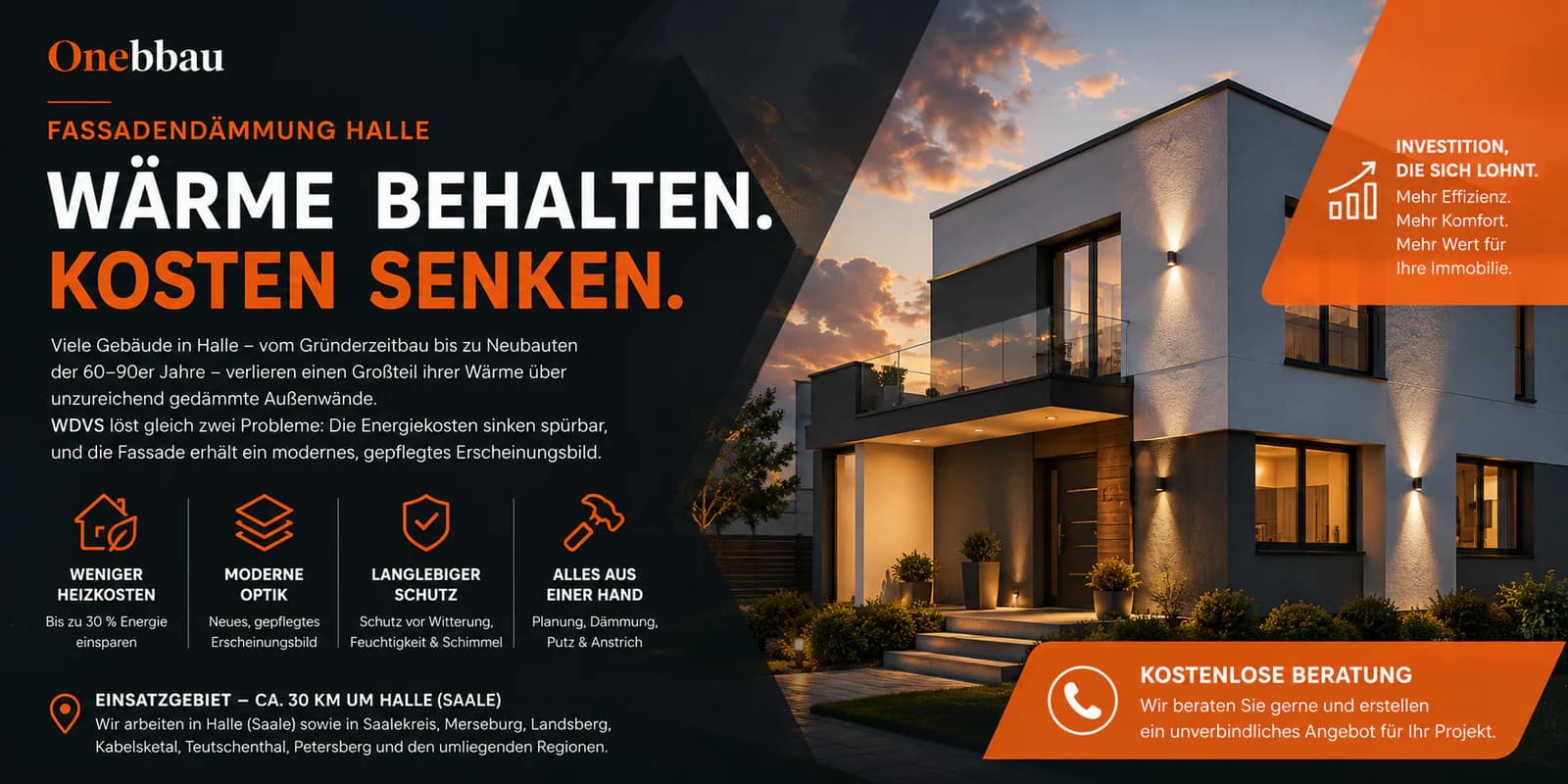 Modernes Wohnhaus mit gedämmter Fassade und Übersicht der Onebbau-Fassadenarbeiten