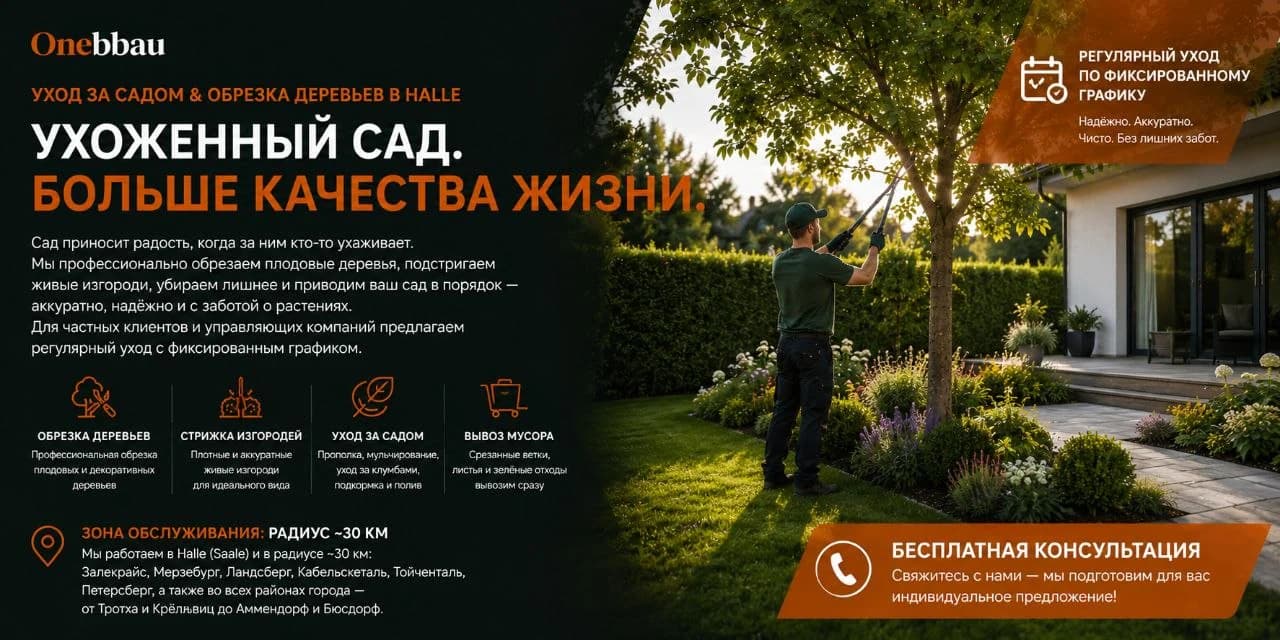 Садовник профессионально обрезает дерево в ухоженном саду в Halle