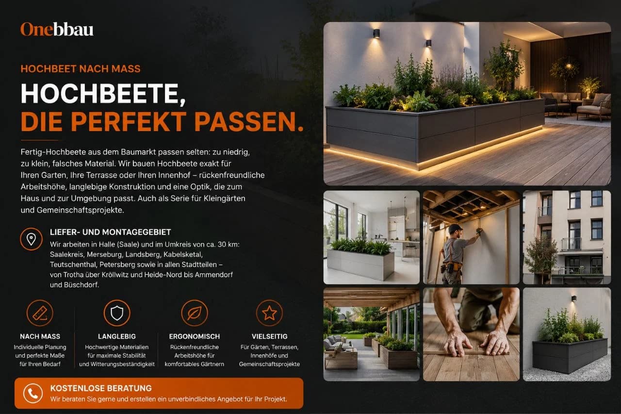 Individuell gefertigtes beleuchtetes Hochbeet auf einer modernen Terrasse