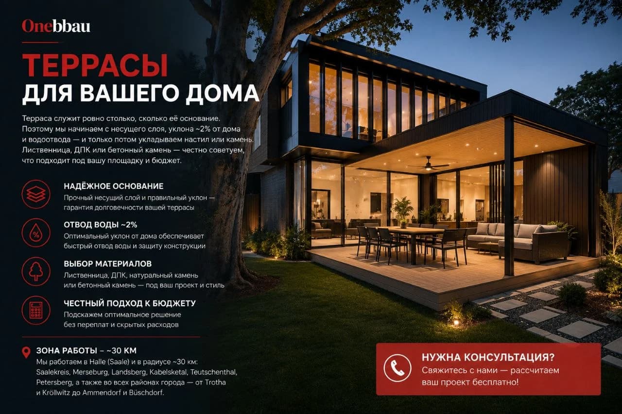 Современная освещённая терраса у жилого дома с описанием работ Onebbau