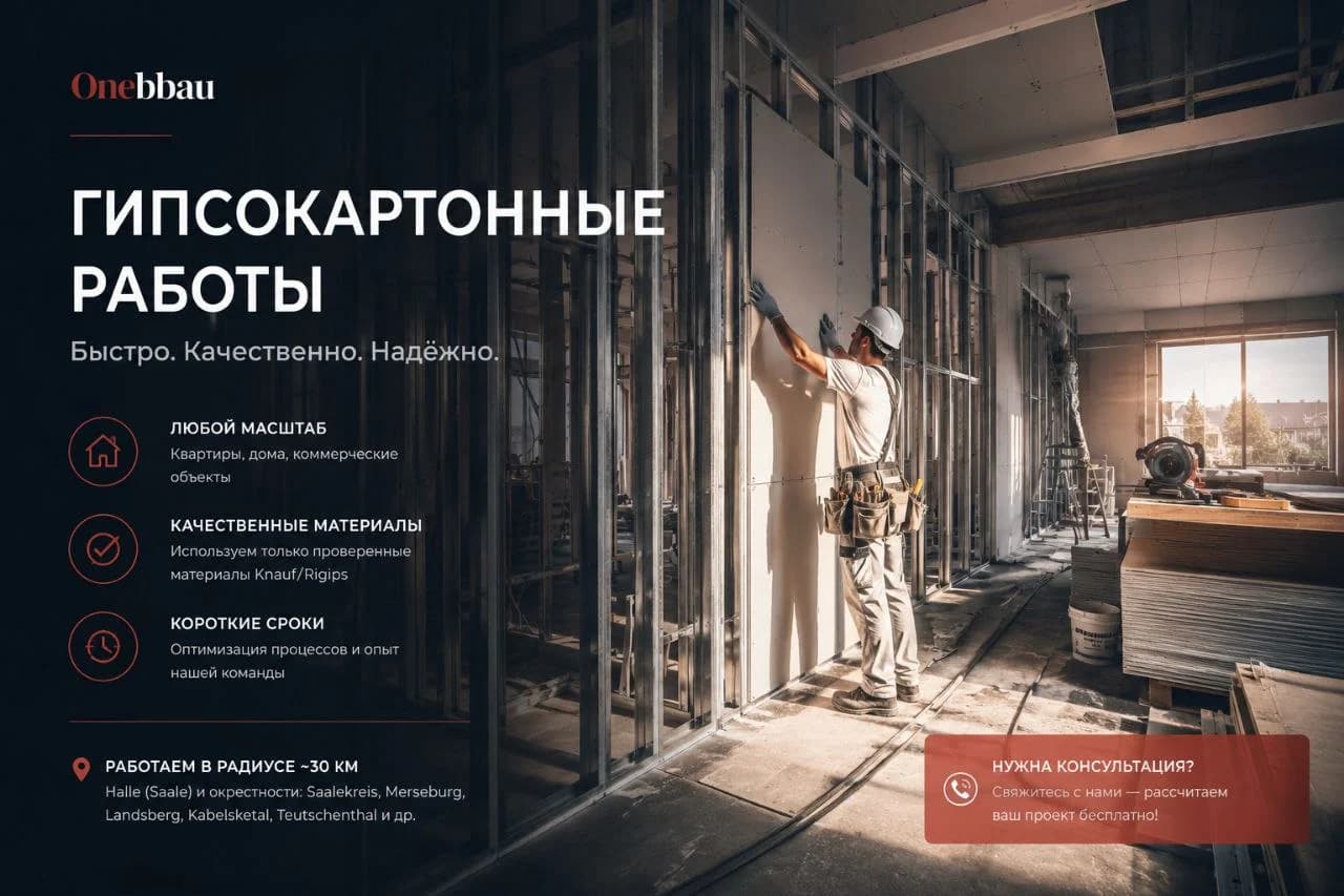 Мастер устанавливает гипсокартон в ремонтируемом помещении в Halle